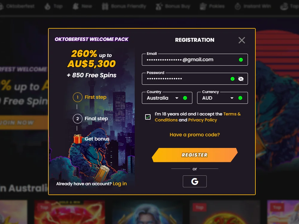 Wild Tokyo registration step with email, password, country, currency, and terms checkbox